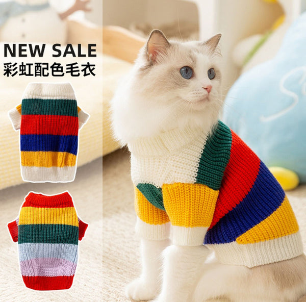 Cat autumn and winter simple rainbow striped sweater hairless cat warm pullover sweater pet clothes