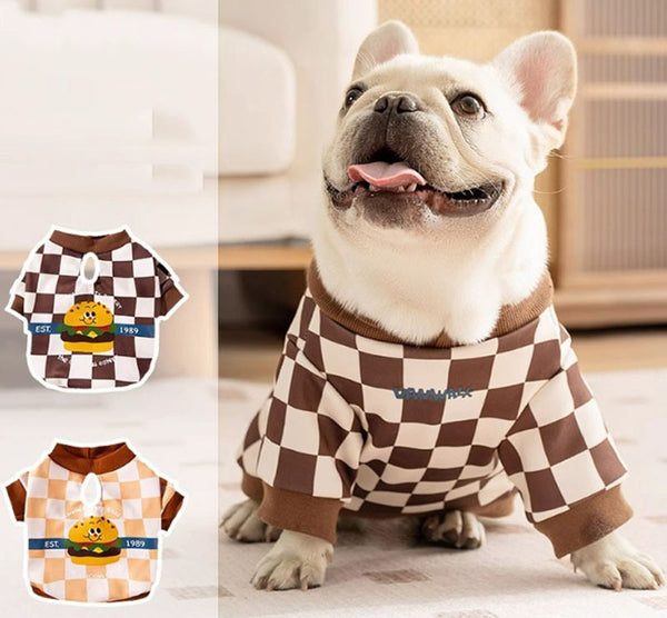 Otoño e Invierno moda cool perro a cuadros estampado hamburguesa sudadera francesa perro gordo pug bulldog ropa para perros