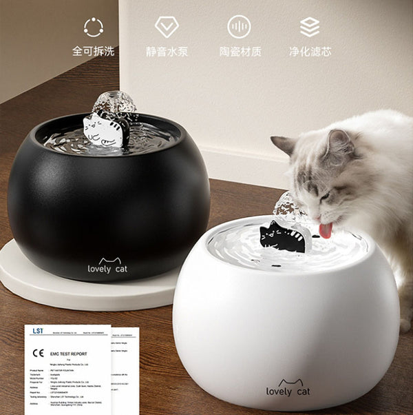 Pet black and white cartoon kitten ceramic water fountain dog electric circulating water filter automatic drinking fountain cat bowl