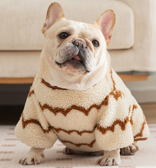 Herbst und Winter Französische Bulldogge warmer, gewellter, gestreifter, dicker Hunde-Fleecemantel, kleine und mittelgroße Hunde, zweibeinige Haustierkleidung für Bulldoggenhunde