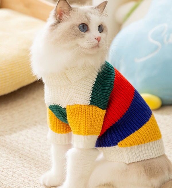 Cat autumn and winter simple rainbow striped sweater hairless cat warm pullover sweater pet clothes