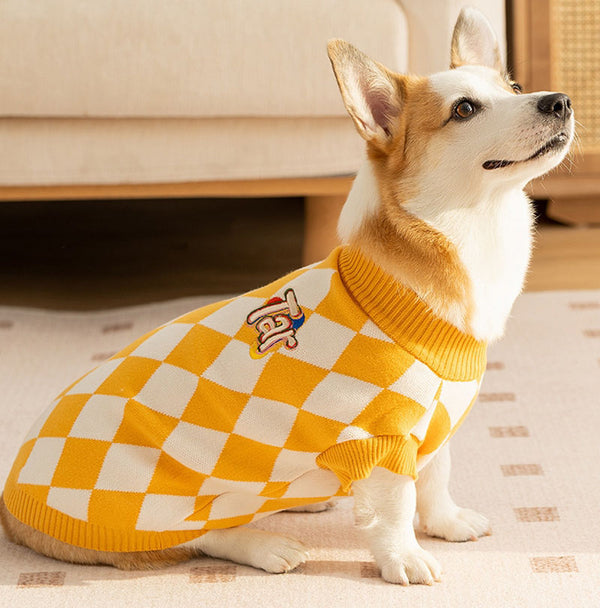 Pull chaud pour chien de petite et moyenne taille, patch damier, corgi, vêtements pour animaux de compagnie, teckel, automne et hiver