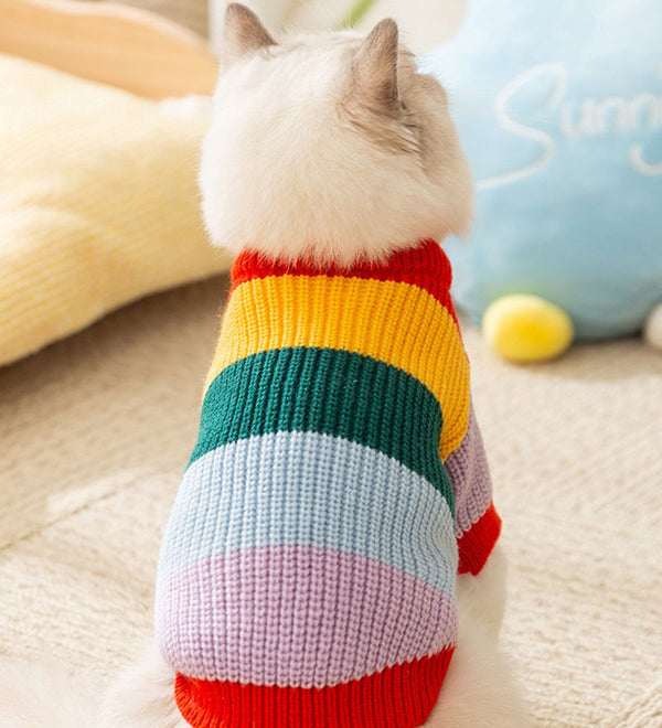 Cat autumn and winter simple rainbow striped sweater hairless cat warm pullover sweater pet clothes