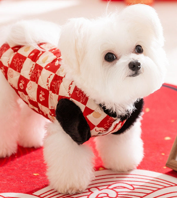 Autumn and winter dog small and medium-sized dog festive New Year plaid two-legged cotton coat warm thick pet clothes