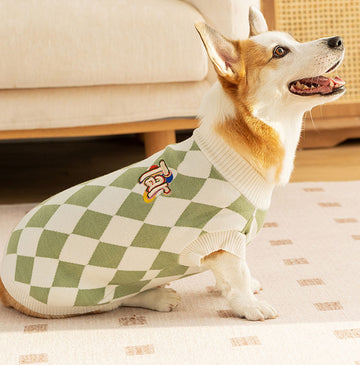 Autumn and Winter Dog Checkerboard Patch Corgi Sweater Small and Medium Dog Warm Knitted Sweater Dachshund Pet Clothes