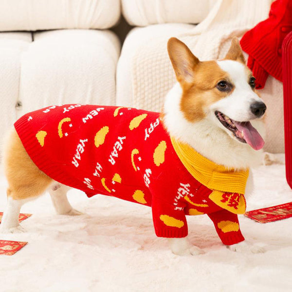 Autumn and winter corgi dog sweater wearing scarf suit Chinese New Year festive New Year pet clothes