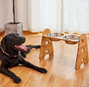 Stainless steel pet double bowl with adjustable bamboo and wooden frame for medium and large dogs