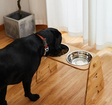 Stainless steel pet double bowl with adjustable bamboo and wooden frame for medium and large dogs