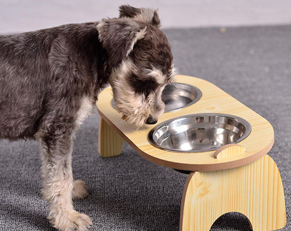 Estante de madera con columna cervical de 15 grados, recipiente doble para alimentar y beber a las mascotas