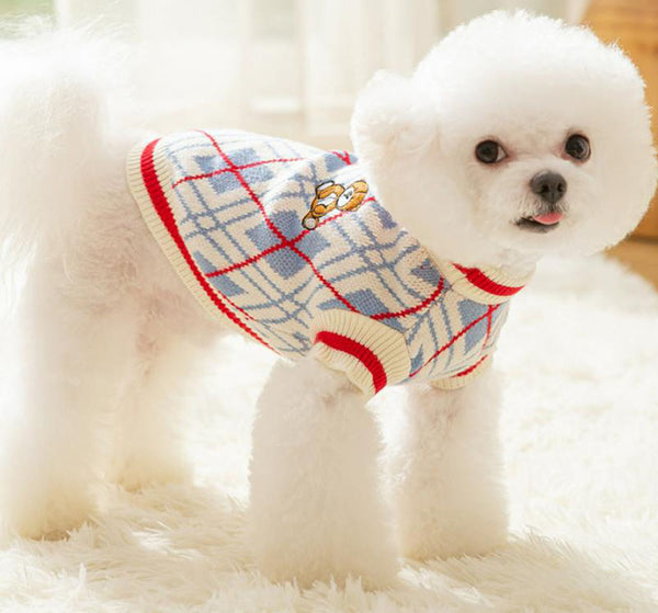 Autumn and winter fresh flower jacquard knitted cardigan puppy dog two-legged sweater